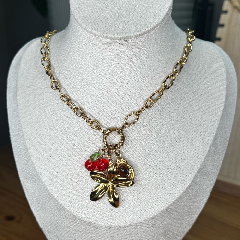 Gold Chain Necklace with Strawberry and Flower Charms - Picture 7 of 7